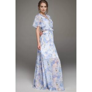 Aakaa Blue Floral Chiffon Maxi Dress S Fairy Romantic Boho Open Back Tiered Gown